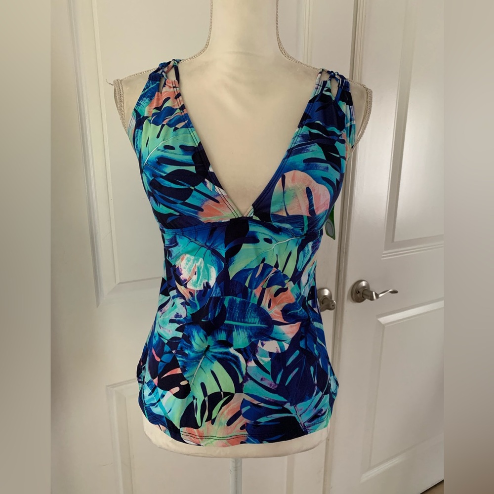 Floral Leaf V-Neck Women’s Tankini Top in Teal Blue